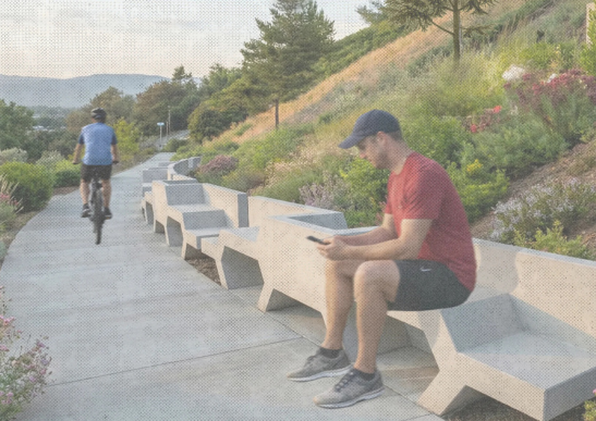 Renderings, drawings, and diagrams for Aftercast. It shows a man sitting on a bench and another man riding a bike.