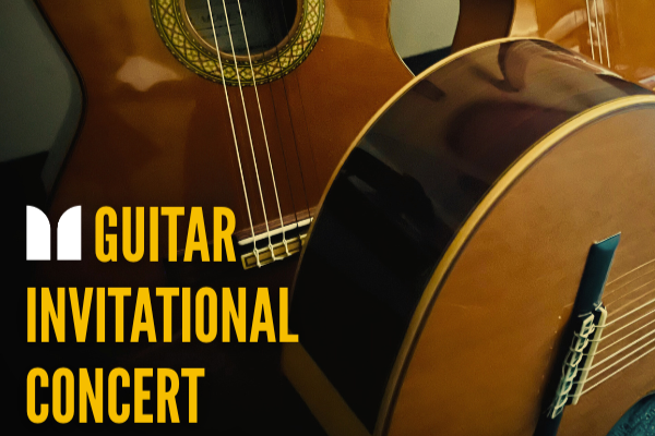 Image of guitars with the text Guitar Invitational Concert on it in yellow.