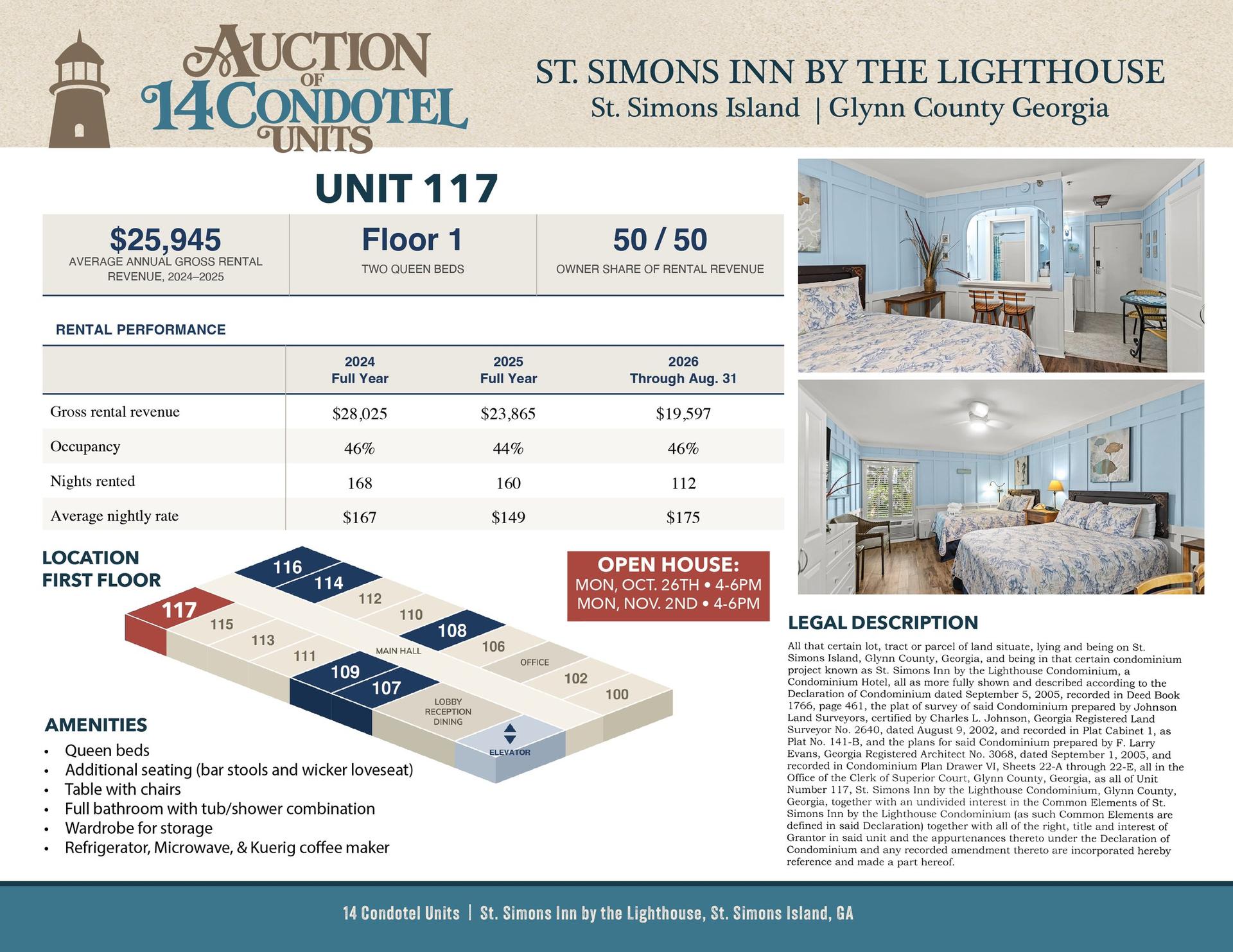 Unit 117 information sheet: First floor, 2 queen beds, $25,945 average annual gross rental revenue 2024 to 2025, 50/50 owner share of rental revenue.