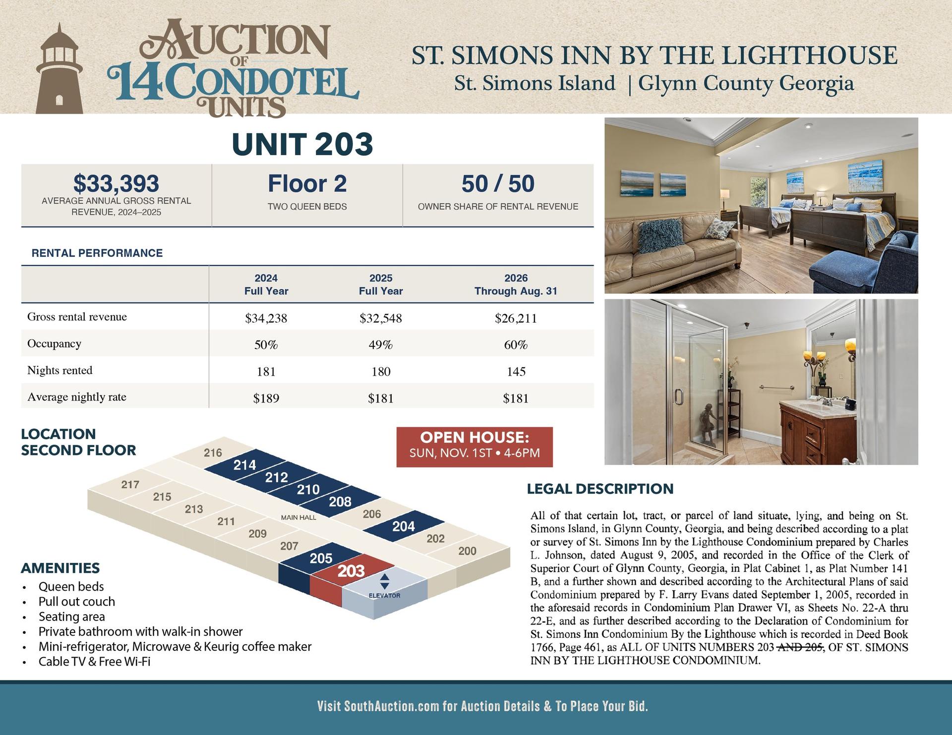 Unit 203 information sheet: Second floor, 2 queen beds, $33,393 average annual gross rental revenue 2024 to 2025, 50/50 owner share of rental revenue.