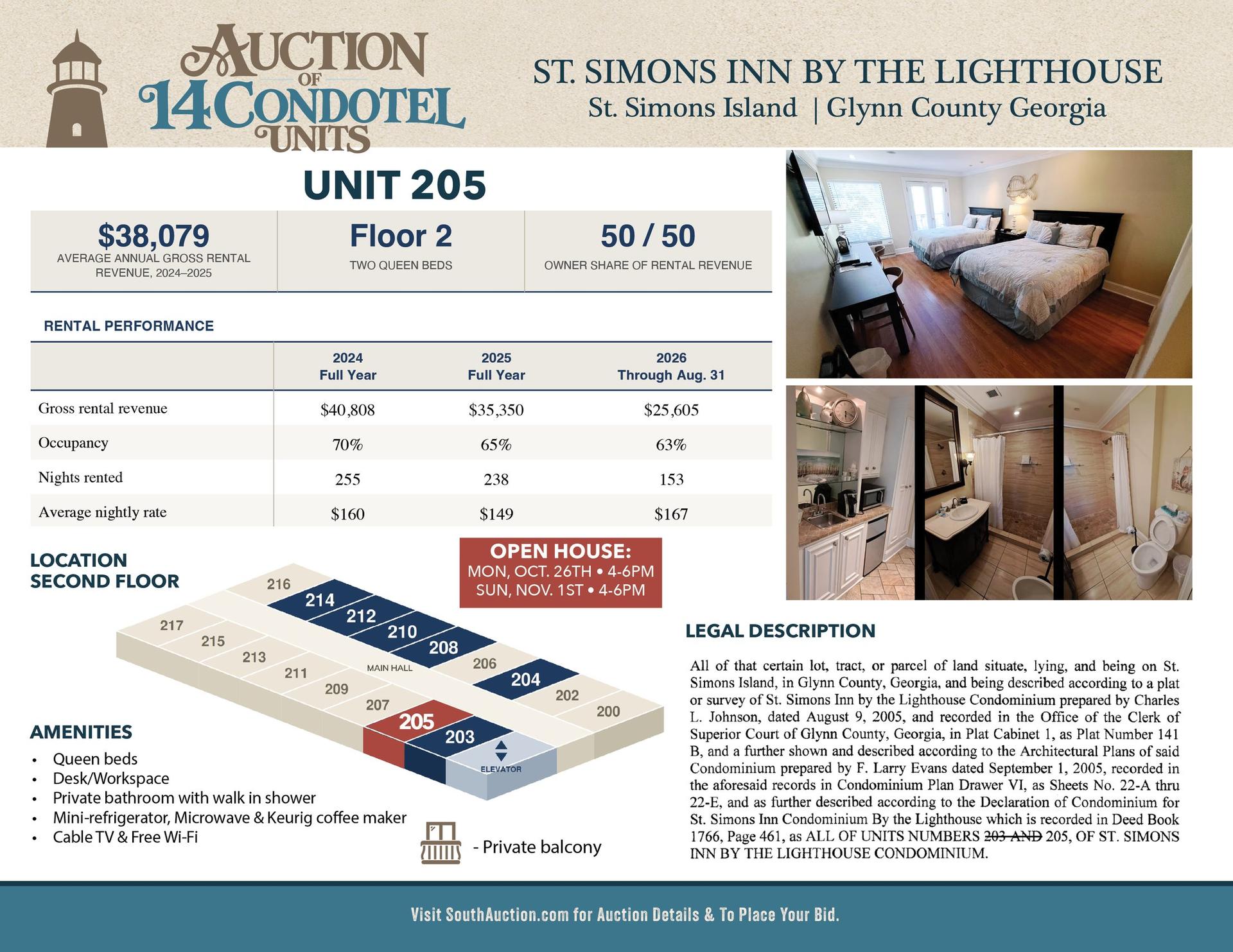 Unit 205 information sheet: Second floor, 2 queen beds, $38,079 average annual gross rental revenue 2024 to 2025, 50/50 owner share of rental revenue.