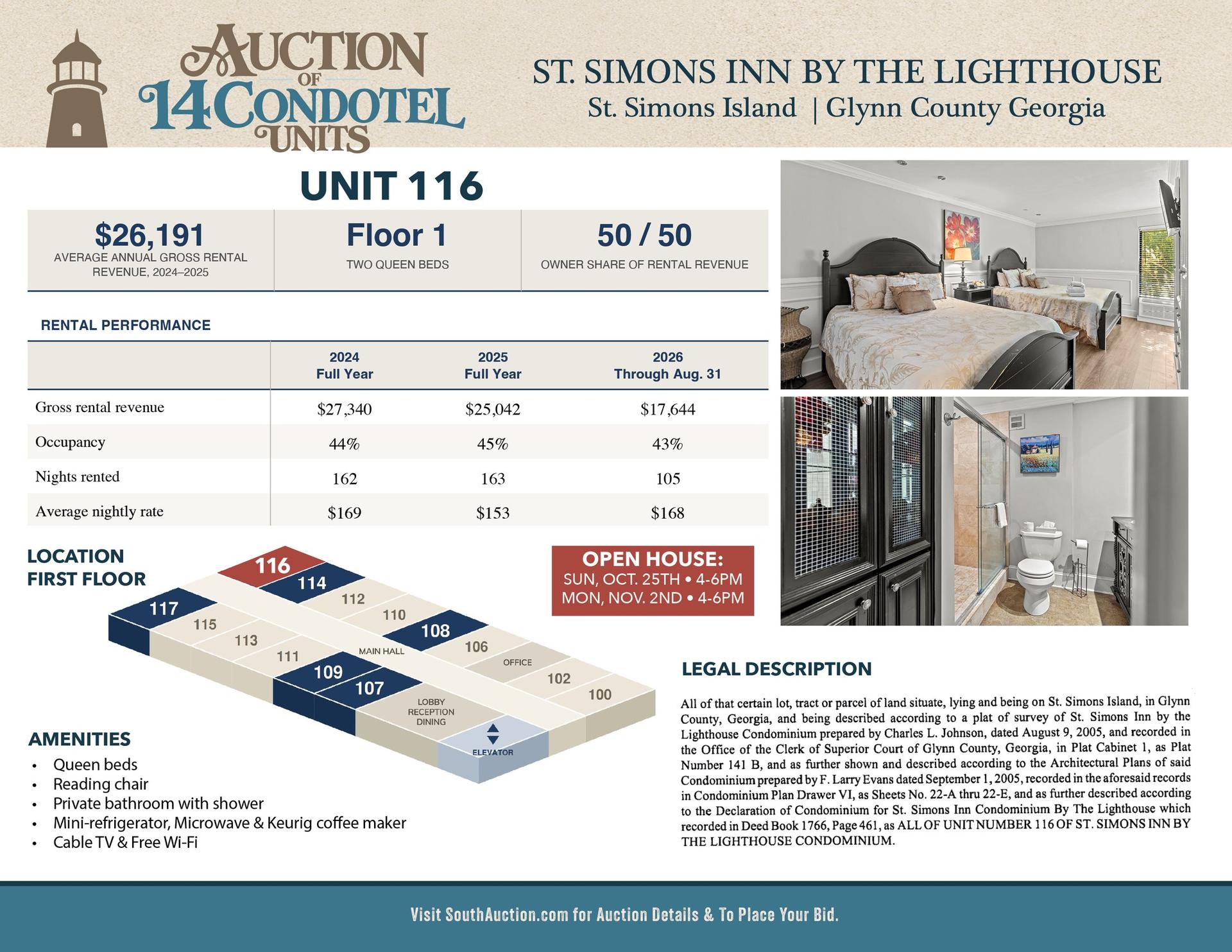 Unit 116 information sheet: First floor, 2 queen beds, $26,191 average annual gross rental revenue 2024 to 2025, 50/50 owner share of rental revenue.