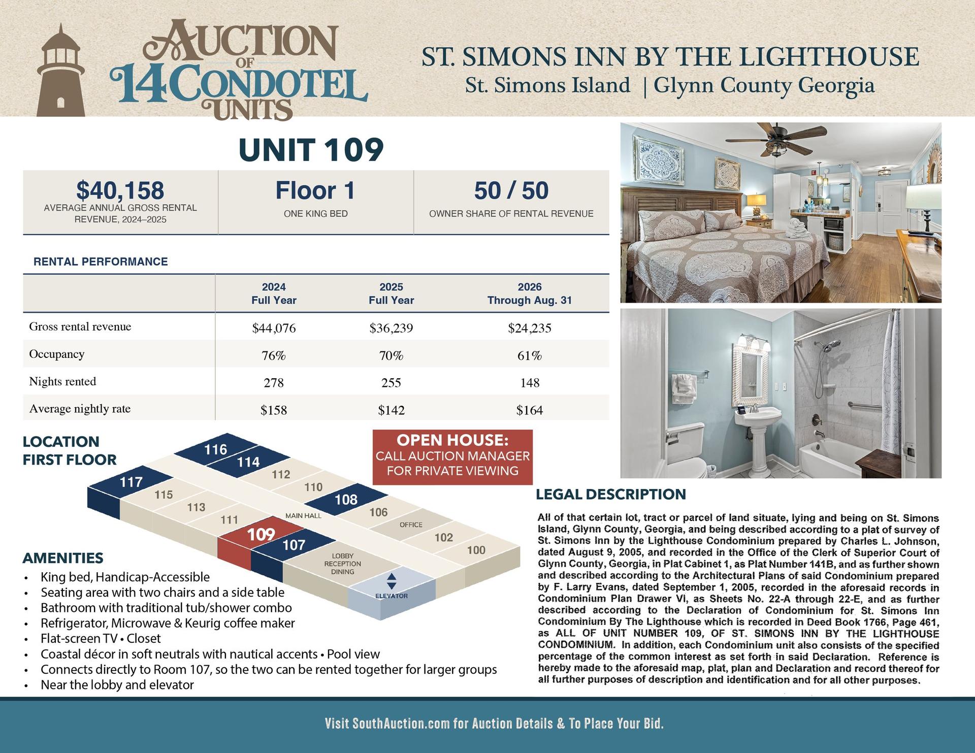 Unit 109 information sheet: First floor, 1 king bed, $40,158 average annual gross rental revenue 2024 to 2025, 50/50 owner share of rental revenue.