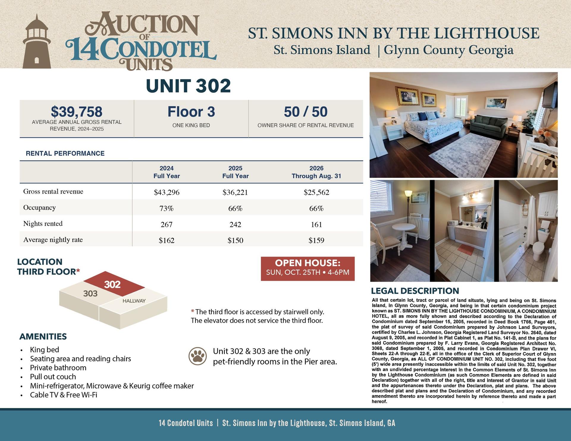 Unit 302 information sheet: Third floor, 1 king bed, $39,758 average annual gross rental revenue 2024 to 2025, 50/50 owner share of rental revenue.