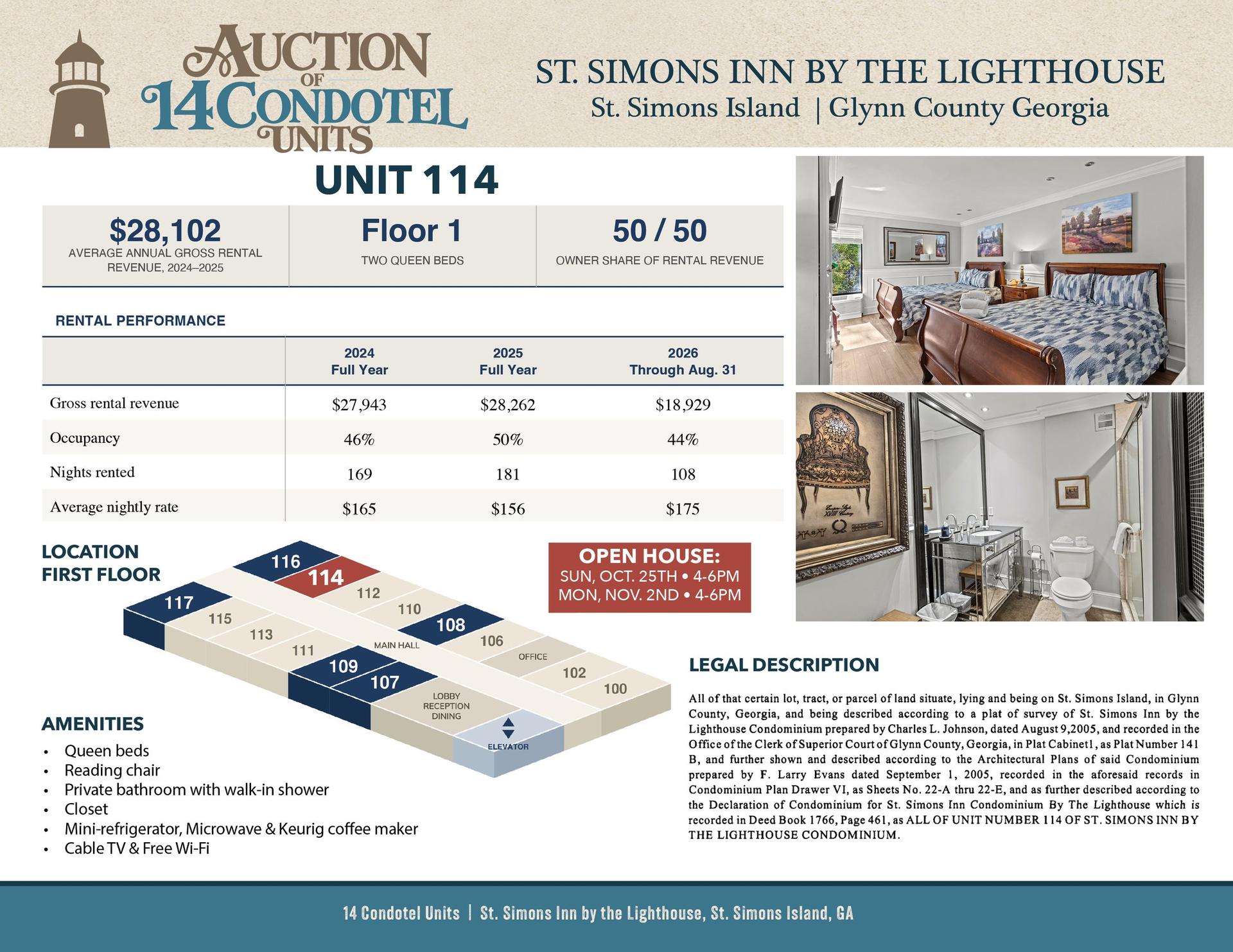 Unit 114 information sheet: First floor, 2 queen beds, $28,102 average annual gross rental revenue 2024 to 2025, 50/50 owner share of rental revenue.