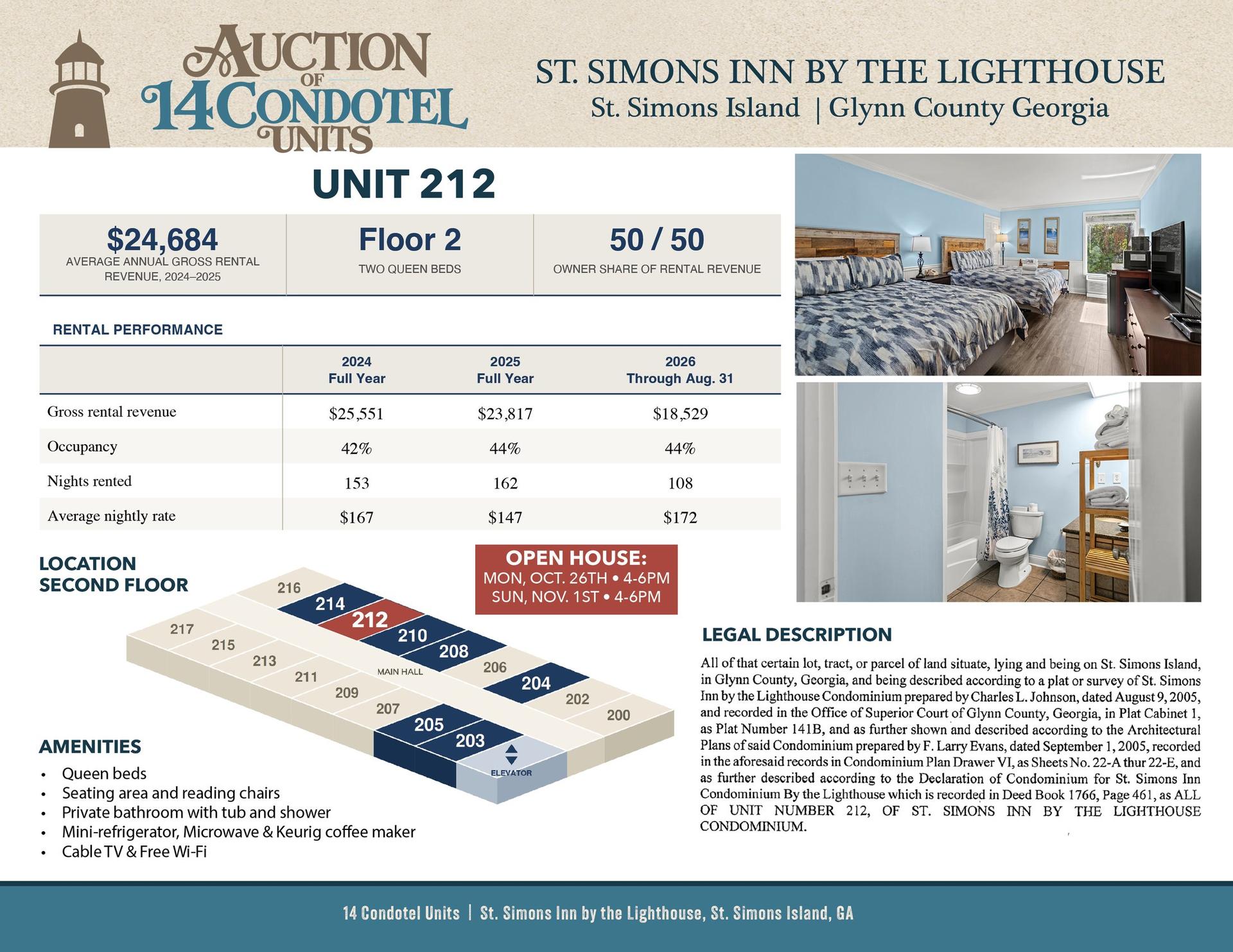 Unit 212 information sheet: Second floor, 2 queen beds, $24,684 average annual gross rental revenue 2024 to 2025, 50/50 owner share of rental revenue.