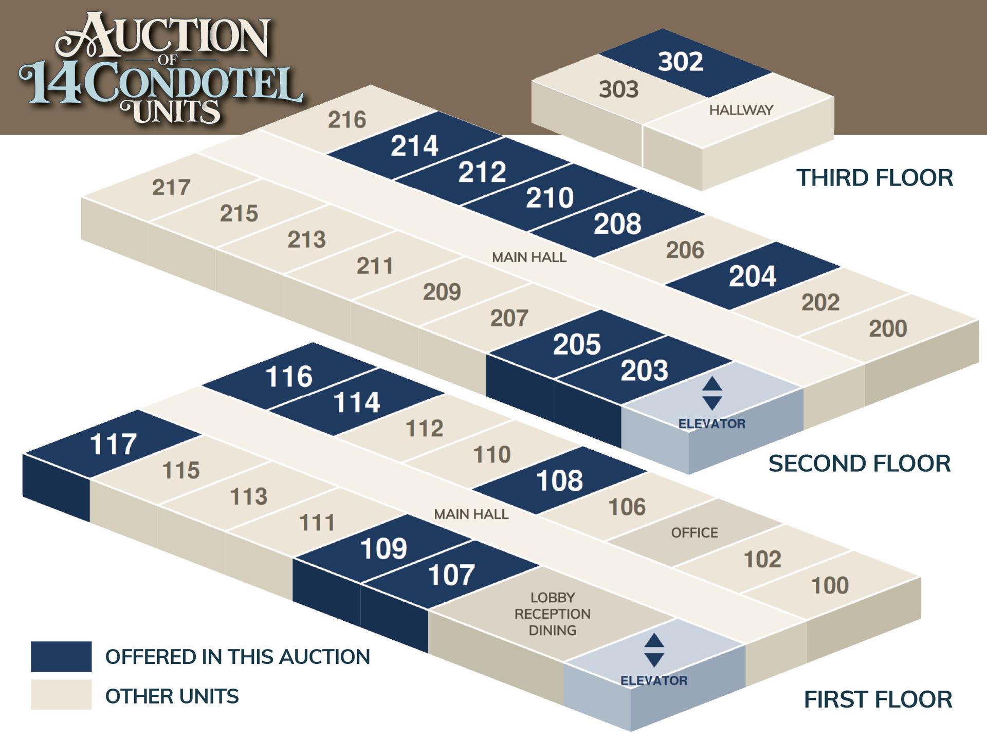 Floor map of the 14 condotel units offered in this auction