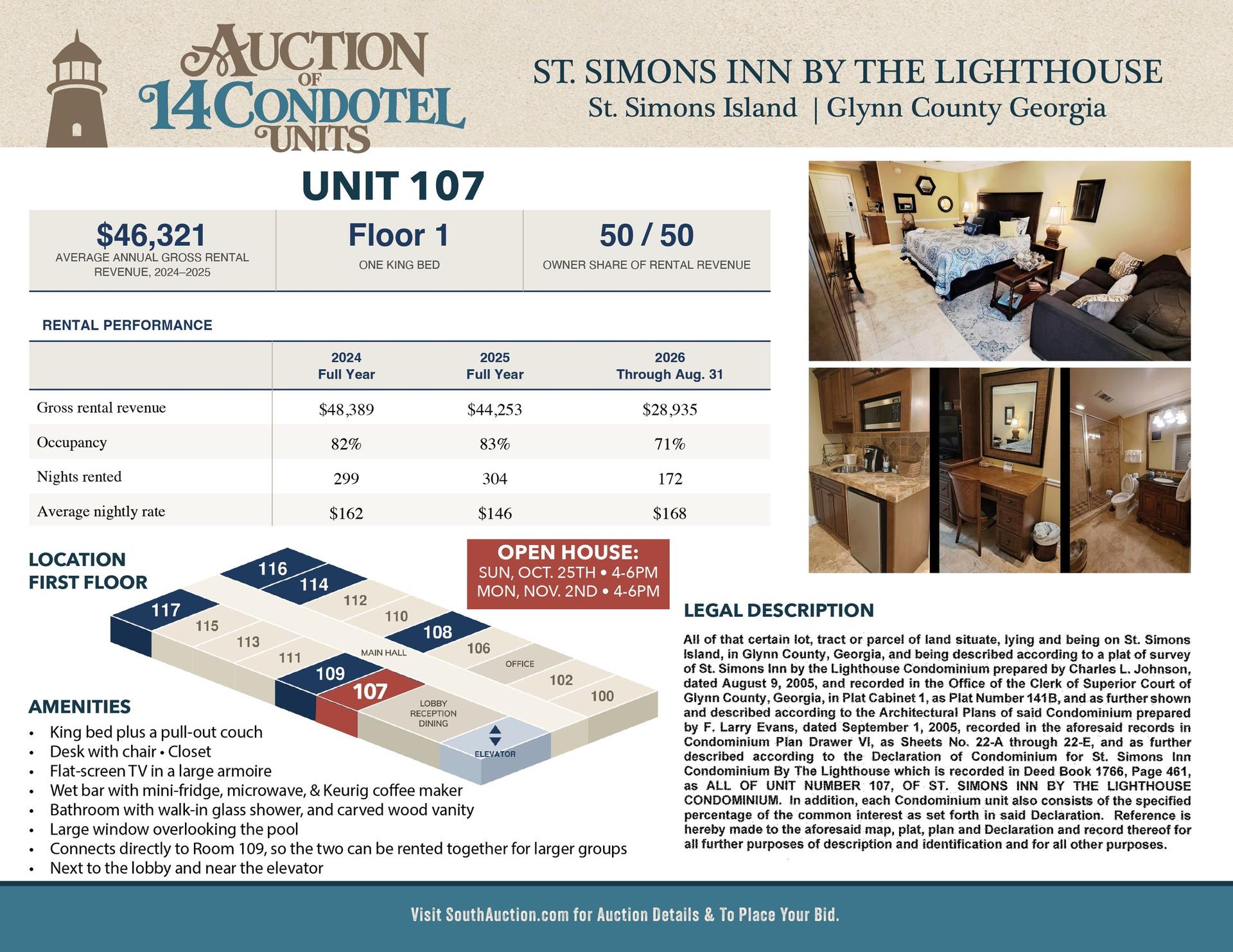 Unit 107 information sheet: First floor, 1 king bed, $46,321 average annual gross rental revenue 2024 to 2025, 50/50 owner share of rental revenue.