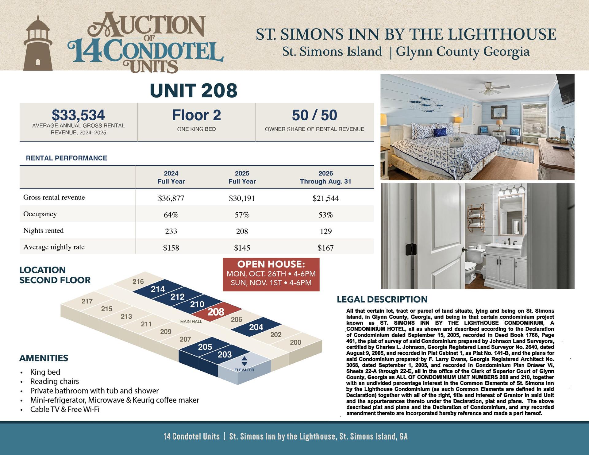 Unit 208 information sheet: Second floor, 1 king bed, $33,534 average annual gross rental revenue 2024 to 2025, 50/50 owner share of rental revenue.