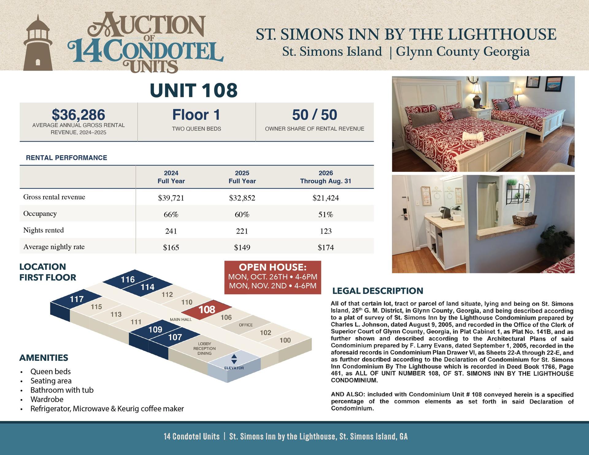 Unit 108 information sheet: First floor, 2 queen beds, $36,286 average annual gross rental revenue 2024 to 2025, 50/50 owner share of rental revenue.