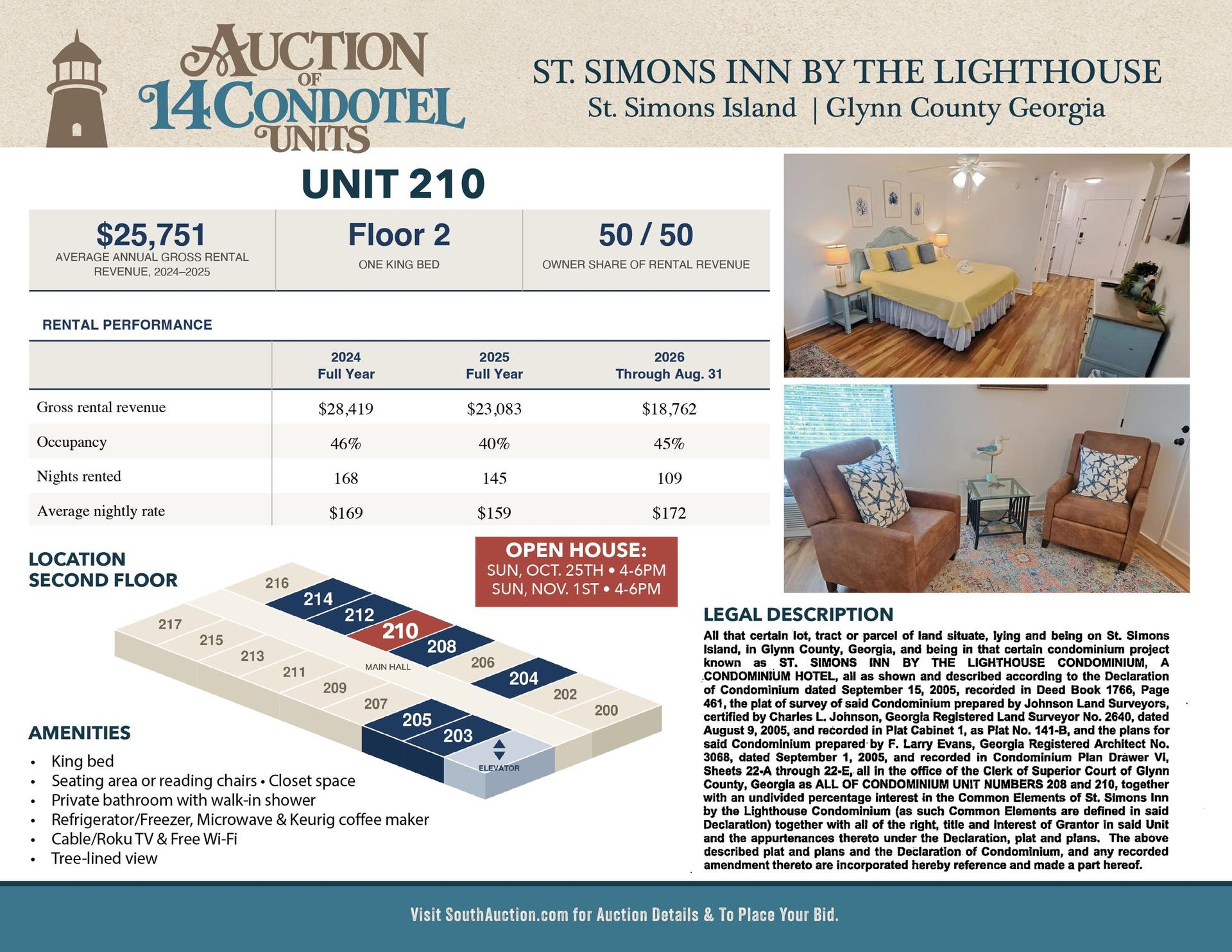 Unit 210 information sheet: Second floor, 1 king bed, $25,751 average annual gross rental revenue 2024 to 2025, 50/50 owner share of rental revenue.
