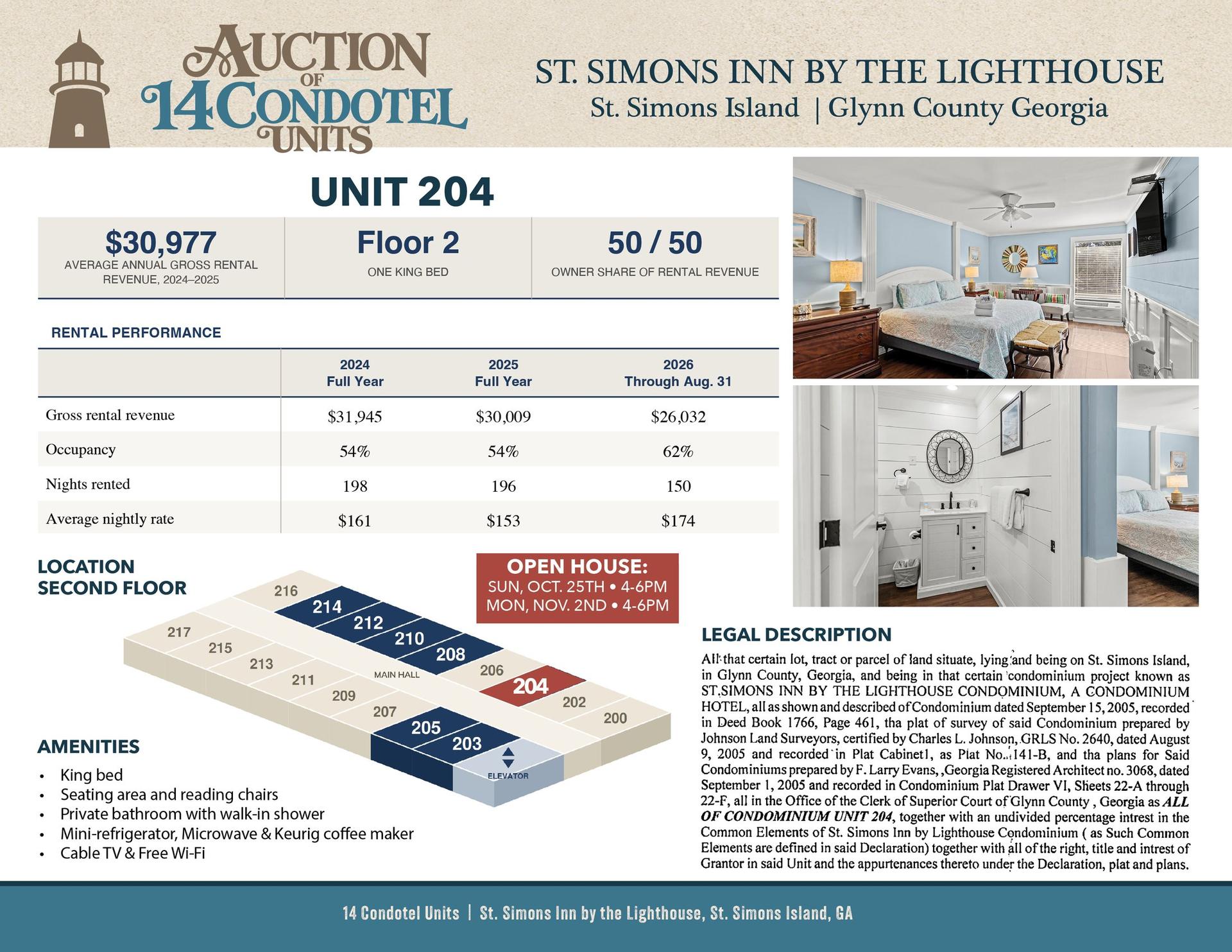 Unit 204 information sheet: Second floor, 1 king bed, $30,977 average annual gross rental revenue 2024 to 2025, 50/50 owner share of rental revenue.