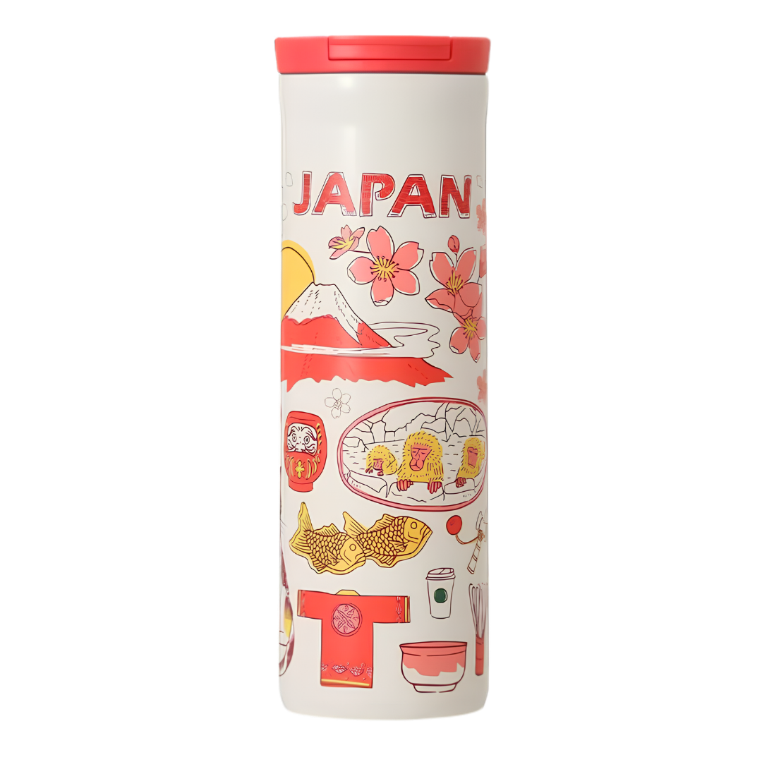 Starbucks Been There Series JAPAN stainless steel bottle with red cap and Mount Fuji artwork Starbucks Been There Series JAPAN stainless steel bottle with red cap and Mount Fuji artwork
