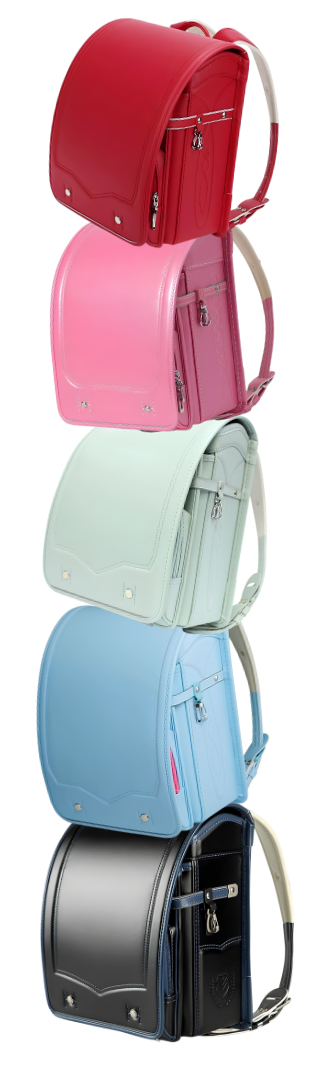 Japanese randoseru backpacks in red, pink, mint, blue and black