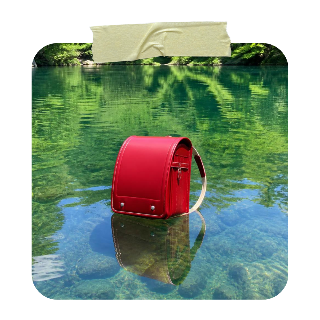 Red randoseru backpack in water illustrating its potential buoyancy