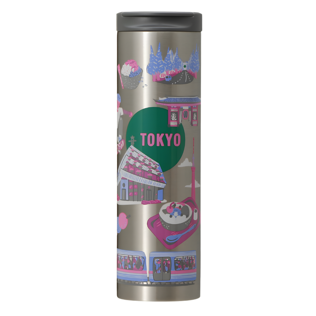 Starbucks Discovery Series TOKYO stainless steel bottle with grey and pink artwork Starbucks Discovery Series TOKYO stainless steel bottle with grey and pink artwork
