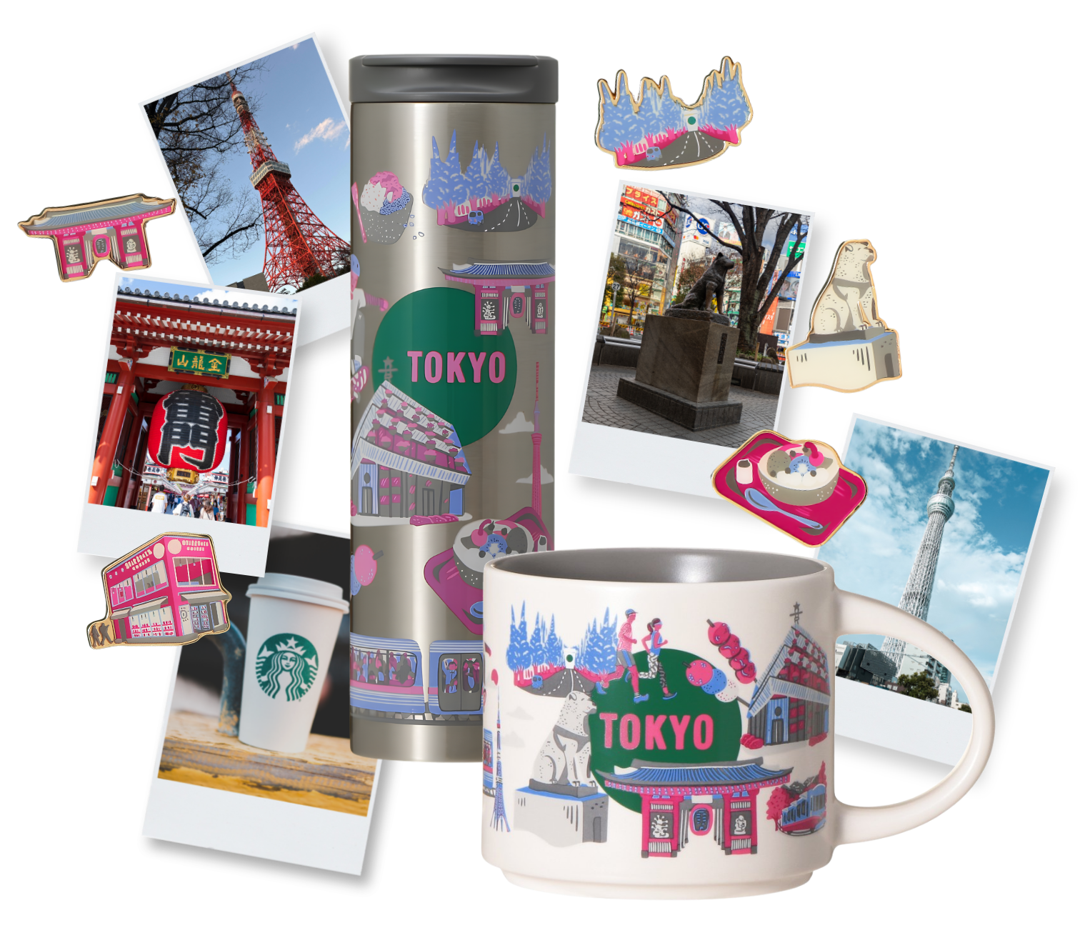 Starbucks Discovery Series TOKYO mug, bottle and pins displayed with Tokyo travel photographs Starbucks Discovery Series TOKYO mug, bottle and pins displayed with Tokyo travel photographs