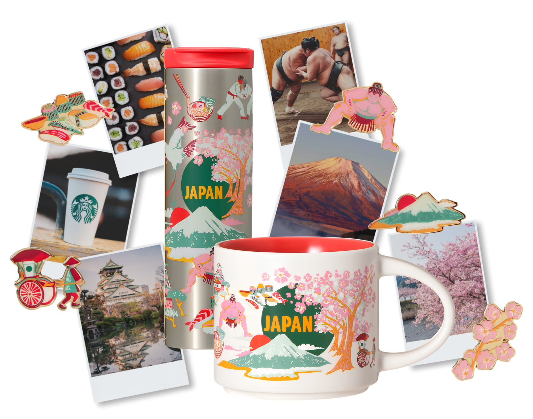Starbucks Discovery Series JAPAN mug, bottle and pins displayed with Japanese travel photographs Starbucks Discovery Series JAPAN mug, bottle and pins displayed with Japanese travel photographs
