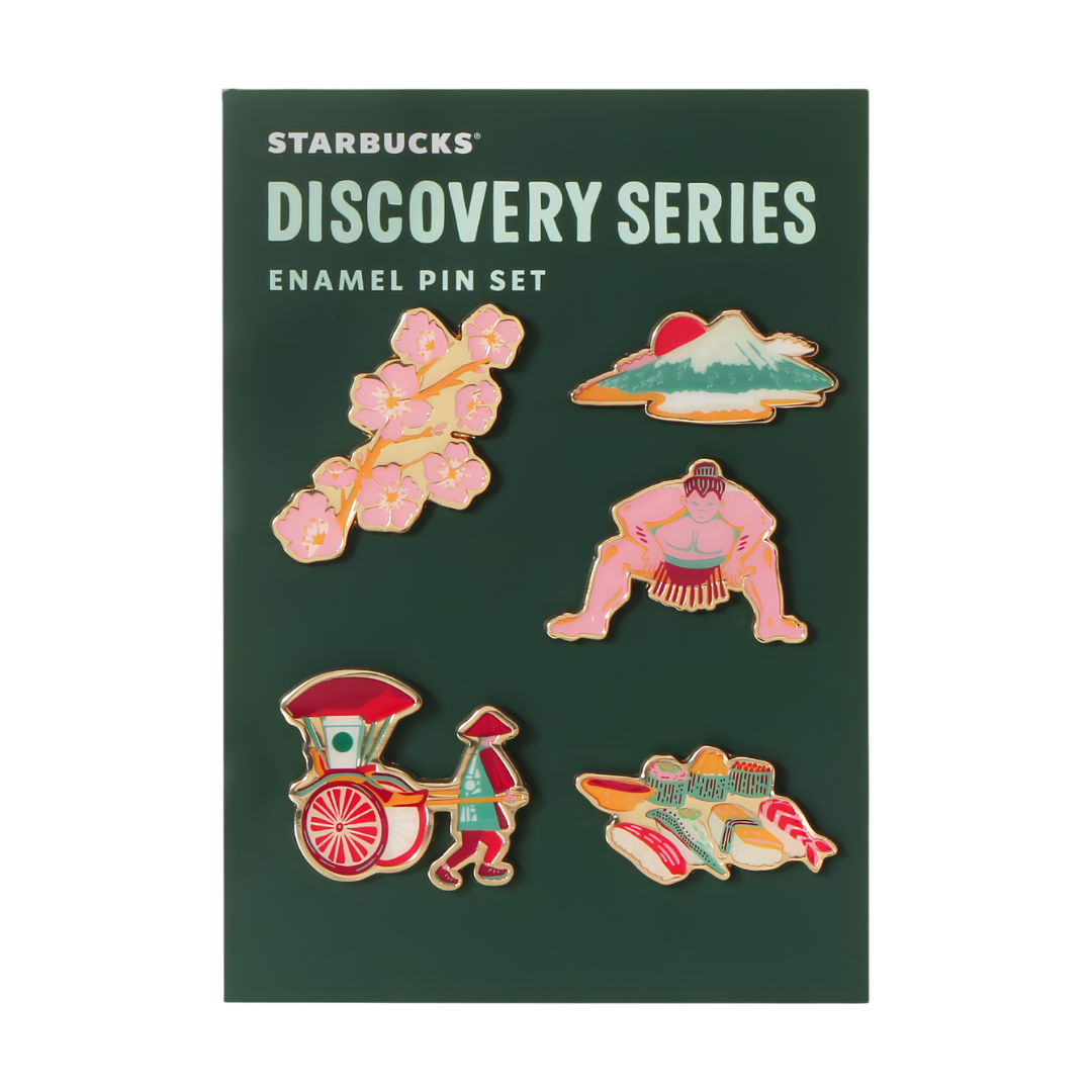 Starbucks Discovery Series JAPAN enamel pin set featuring Mount Fuji, sumo and cherry blossoms Starbucks Discovery Series JAPAN enamel pin set featuring Mount Fuji, sumo and cherry blossoms